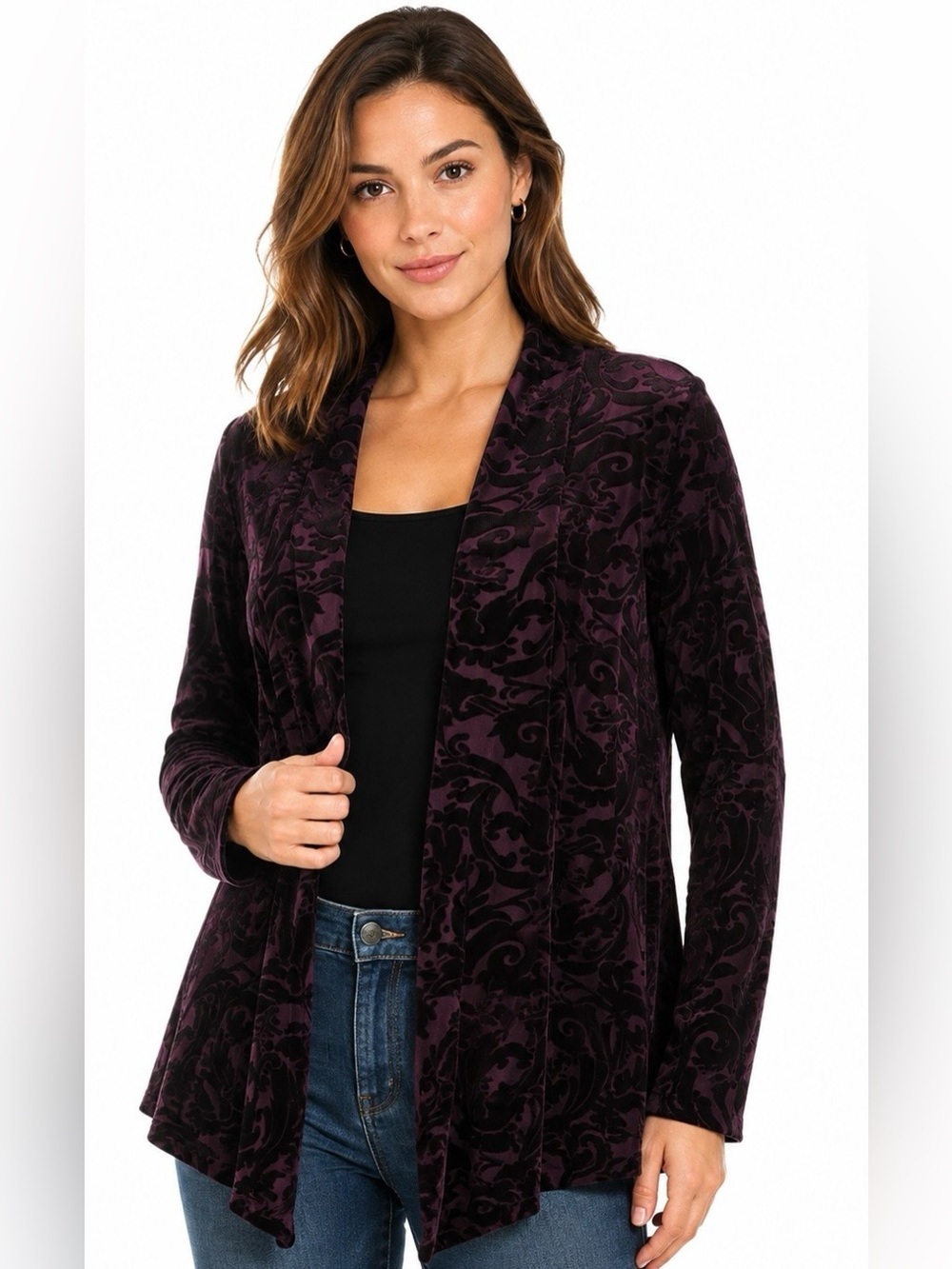 Crushed Velvet Blazer in Rich Purple Open Front Textured Velvet Crush Layer SZ M